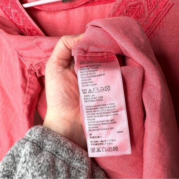 Tommy Bahama Salmon Coral Linen Tunic Embroidered Front 3/4 Sleeve Top Medium - Picture 7 of 11